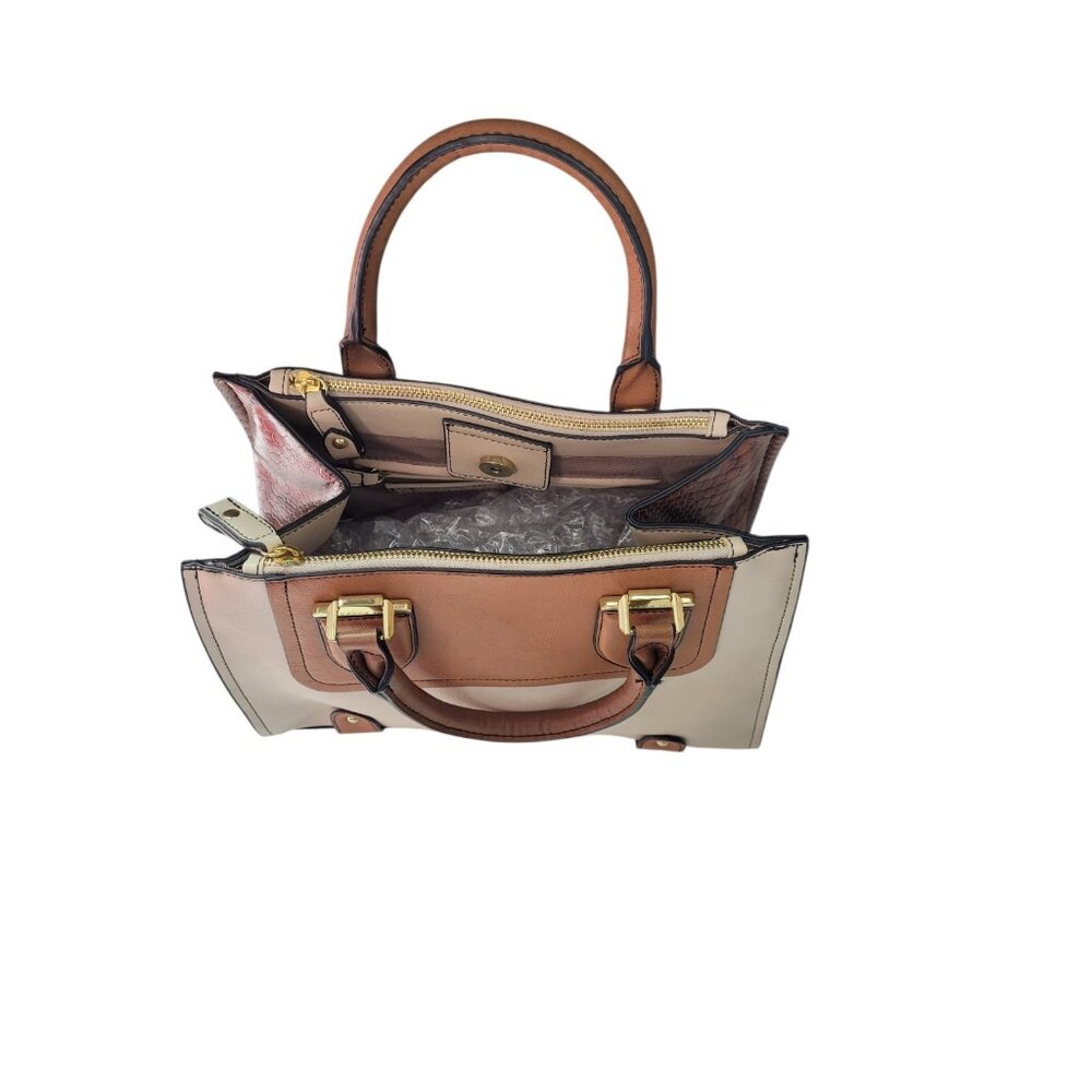 London Fog Women's Satchel Bag Medium Cognac and Off White Snap Zippers - Picture 3 of 16